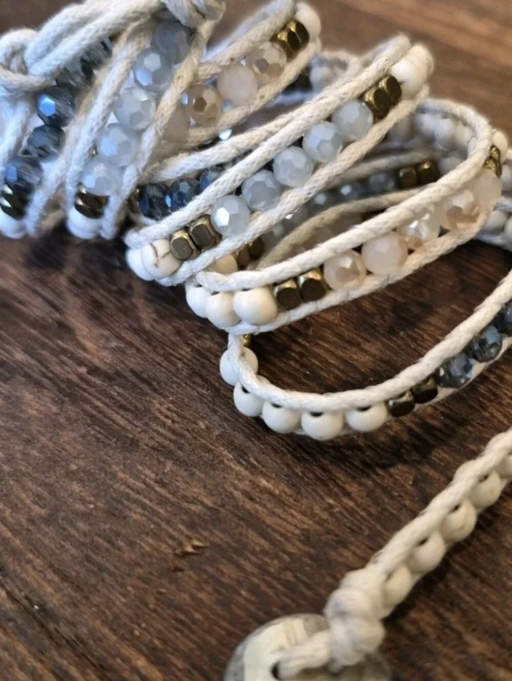 Liv Thai Boho Blue, Cream, Gold, & Gray Hues Faceted Bead Wrap Bracelet